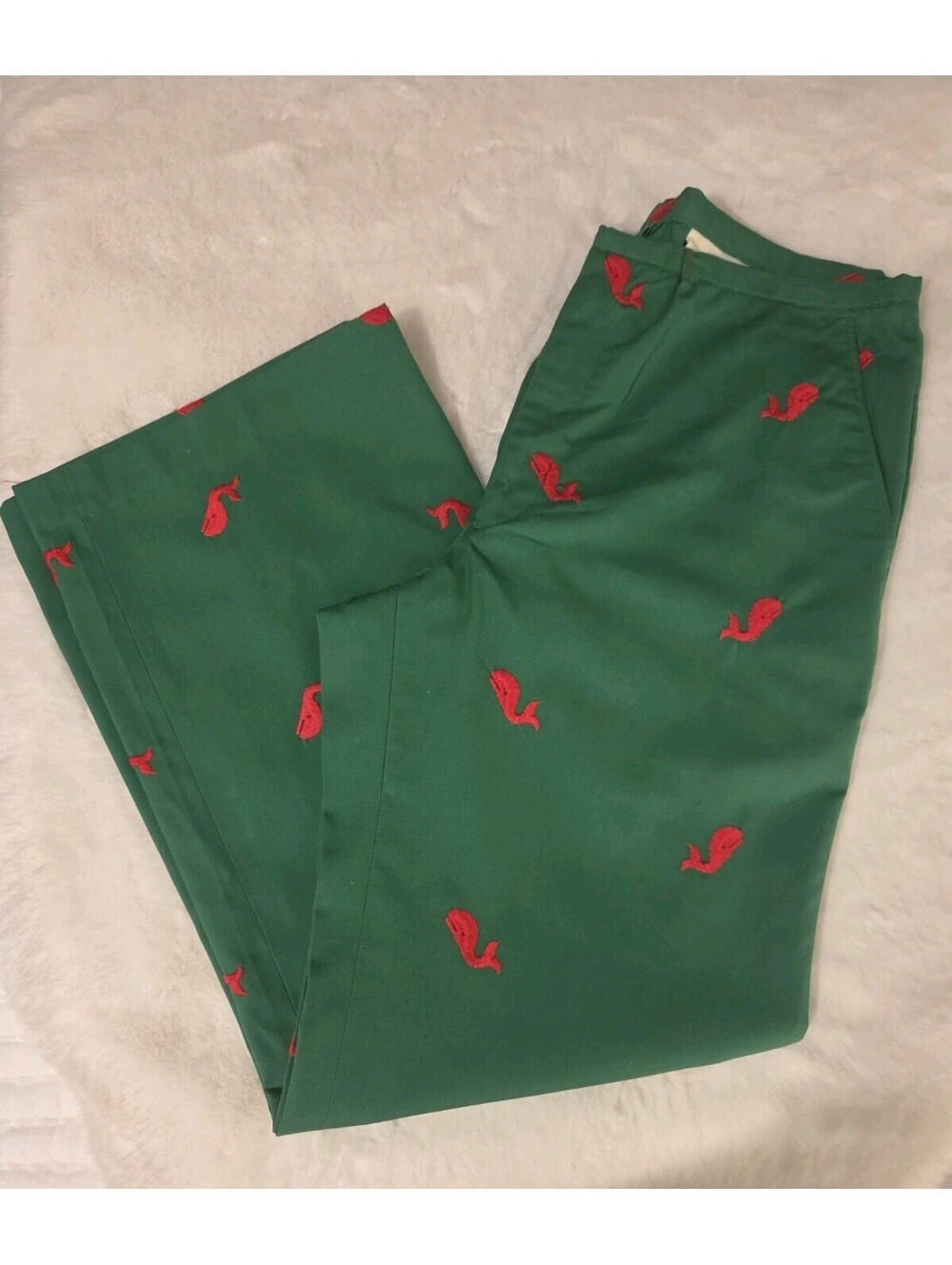 Vintage 60s 70s Green Pants Red Embroidered Whales Preppy *READ*